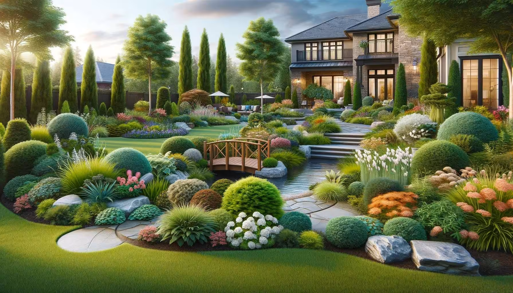 garden at a residential property, displaying a diverse range of plants, flowers, and shrubs. The garden