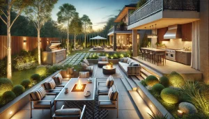 luxurious outdoor living area featuring a modern outdoor kitchen